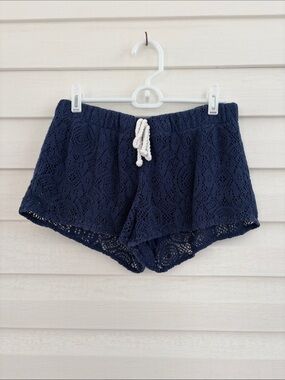 Aerie Navy Crochet Lace Shorts S/P Drawstring Boho Beach Cover Up Resort
